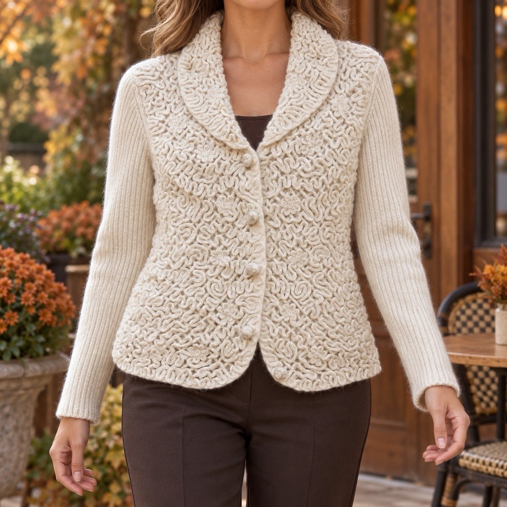 Coldwater Creek Wool Angora Cardigan Sweater Ivory Floral Shawl Collar Japan L